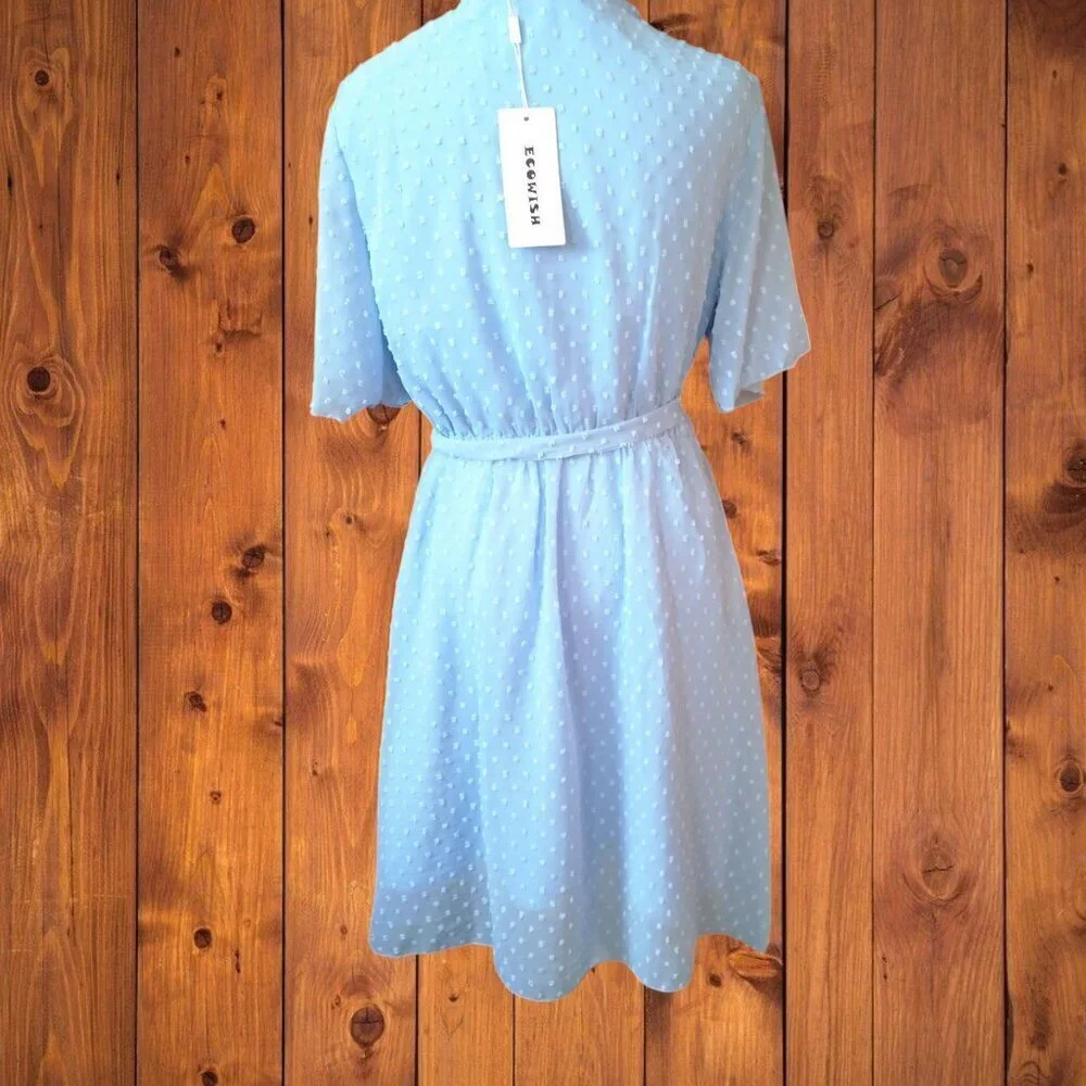 ECOWISH Faux Wrap Swiss Dot Dress With Tie Blue Size Medium Ruffle Tiered